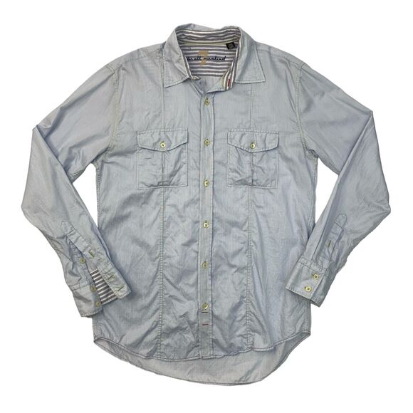 7 For All Mankind Shirt Mens Medium White Blue Pinstripe Button Up Shirttail Hem - Picture 1 of 16
